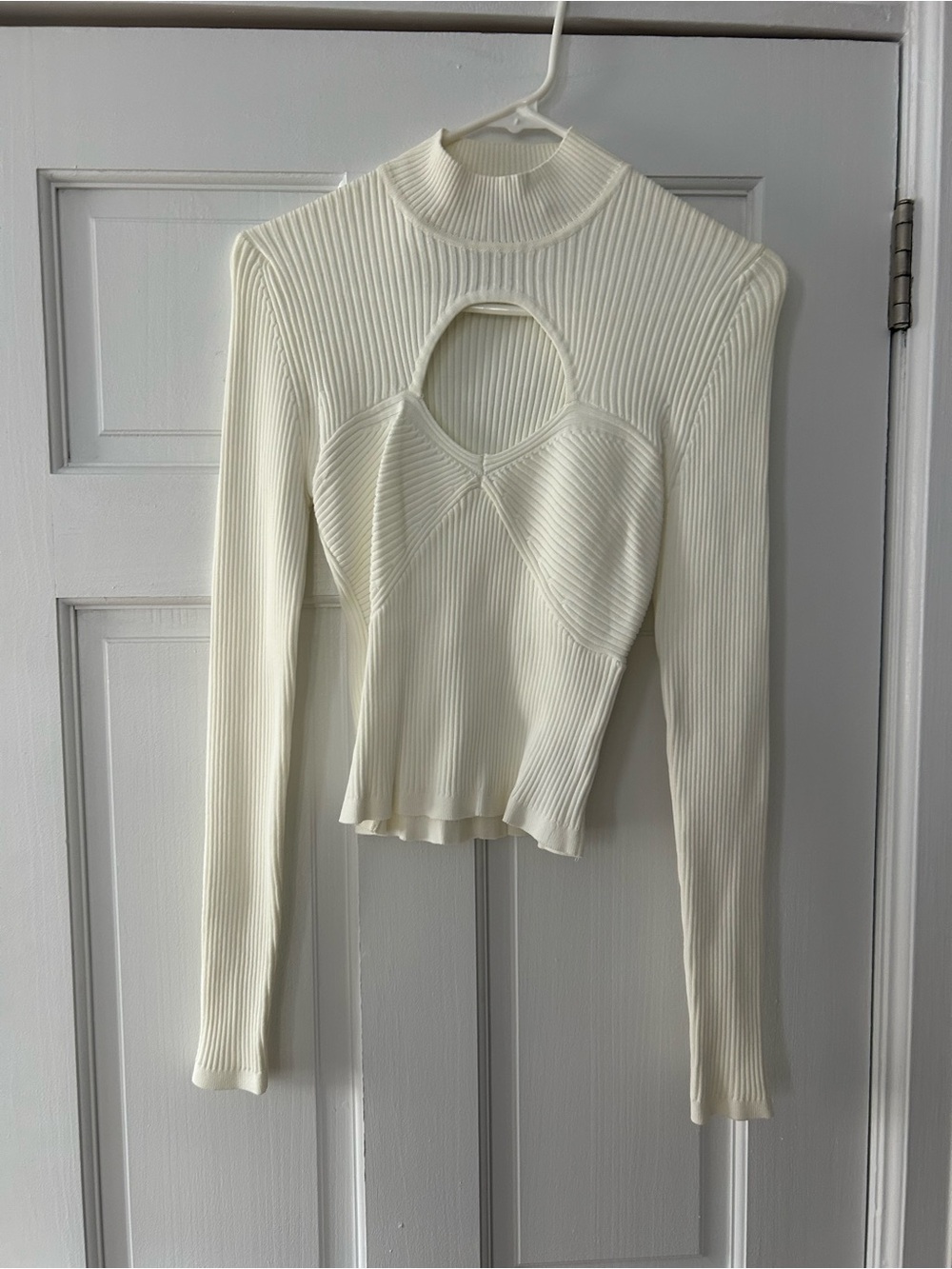 Cream Ribbed Long Sleeve Mock Neck Cutout Top